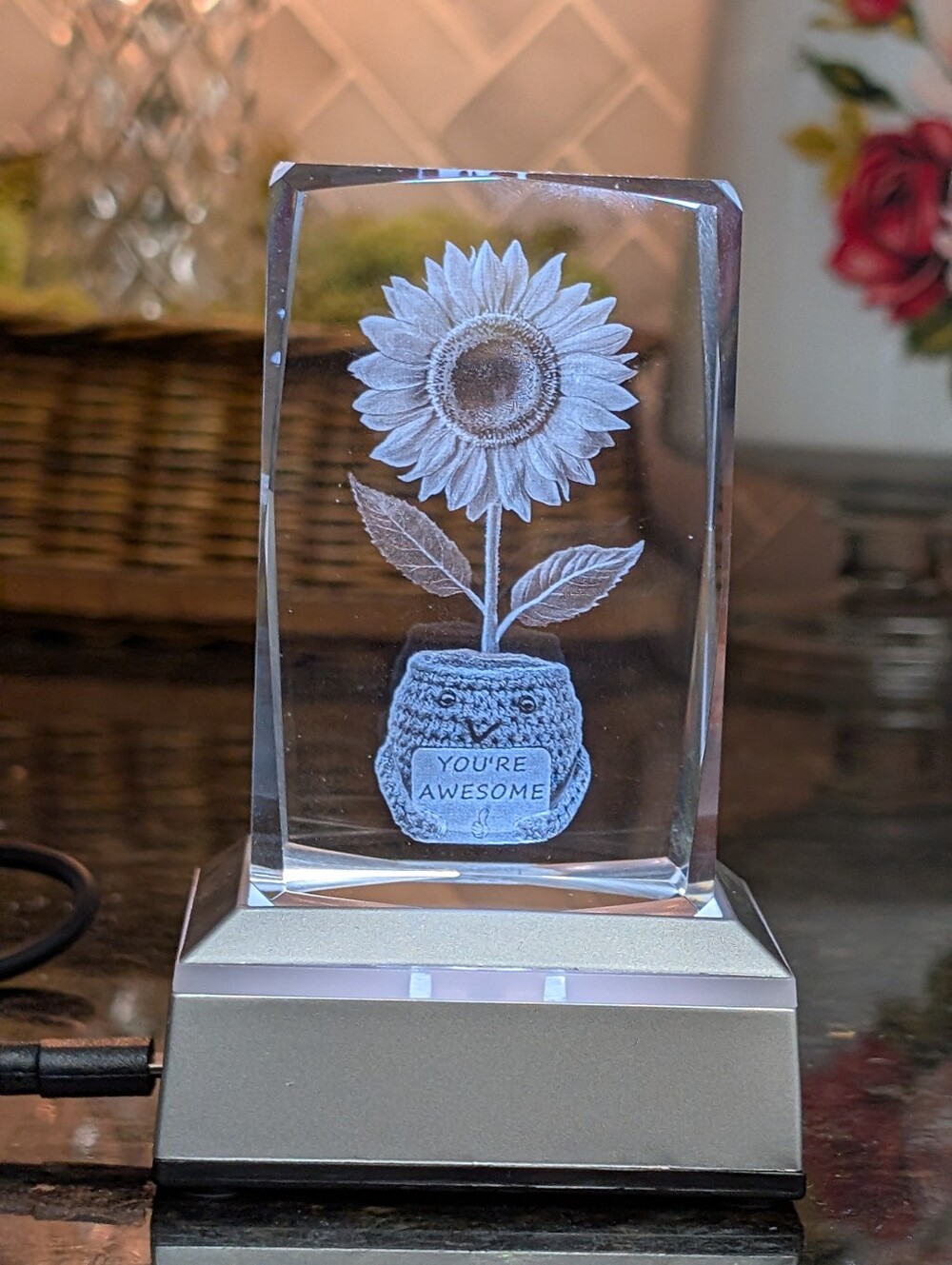 Crystal Sunflower 3D Block - LED Pedestal (Color Changing)